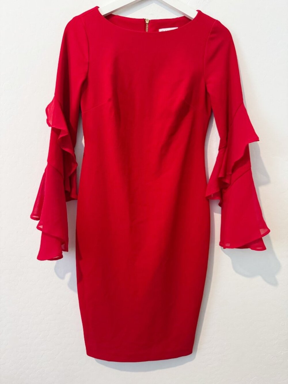 Calvin‎ Klein Dress Size 2 Red Tiered Chiffon Sleeve Sheath Holiday Elegant Corp